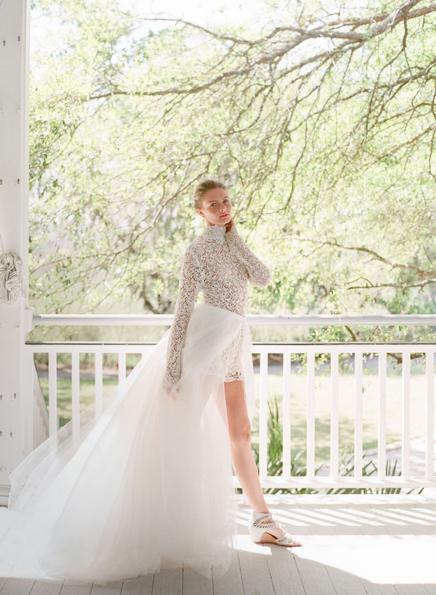 Vintage crocheted  top and shorts from White on Daniel Island. Tulle skirt from Kate McDonald Bridal. Fringe earrings from Polly’s Fine Jewelry. Cherie Dori’s stacked gold and diamond ring from Diamonds Direct. Dolce Vita’s “Linsey” lace cut-out wedge sandal from Belk