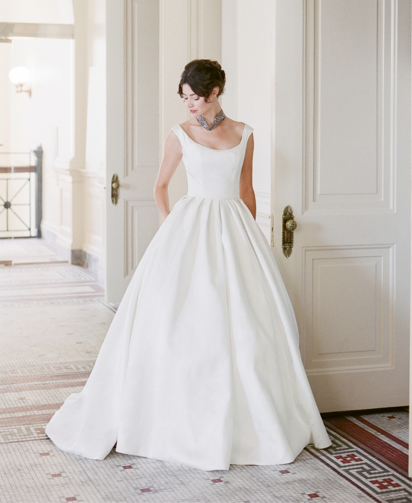 Modern Trousseau’s “Gala” Italian silk satin ball gown with embossed floral motif, available at Modern Trousseau flagship stores in Charleston, Nashville, Louisville, and Savannah.  Millianna’s “Andromeda” collar from Gwynn’s of Mount Pleasant. (Photo by Corbin Gurkin)