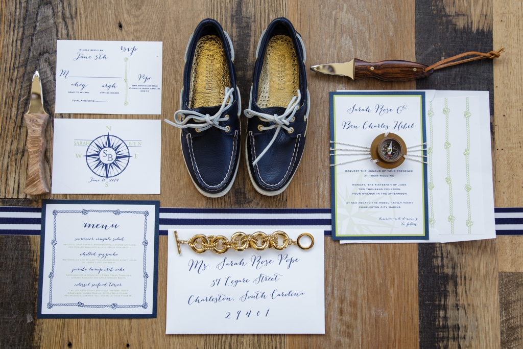 COORDINATED COORDINATES: The Silver Starfish’s stationery suite echoed iconic maritime graphics. Coastal Knives made a fitting groom’s gift suggestion.