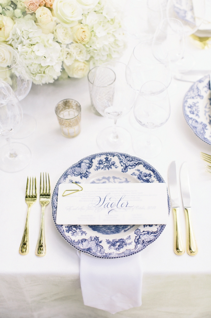 Classic china from Tara Guérard Soirée bore place cards penned by calligrapher Elizabeth Porcher Jones.
