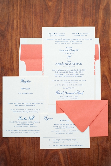 SNEAK PEEK: Guests were introduced to the bride&#039;s picks for the color palette—coral and navy—via the invitation stationery suite by Studio R.