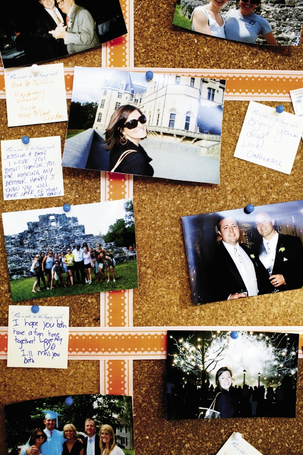THROUGH THE AGES: In lieu of a guest book, guests pinned memories of when they met the bride or groom near photos on a corkboard.
