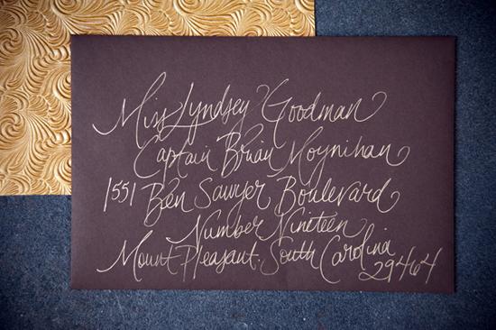 PEN NAMED: Kristin Newman addressed the couple’s invitations in a casual calligraphy Lyndsey describes as “unique and beautiful.” The chocolate brown, gold, and cream colored suite gave guests a peek at the wedding’s palette.