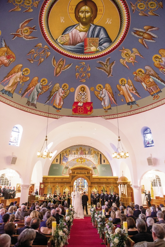 Charleston’s Holy Trinity Greek Orthodox Church, where the couple wed, was built in 1958, but its Byzantine style has roots that reach back to late 400 A.D.  Image by Timwill Photography at the Greek Orthodox Church of the Holy Trinity.