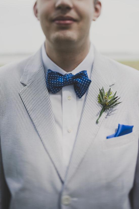 FASHION SAVVY: Jamie’s blue-and-white pinstriped suit called seersucker to mind, while a sapphire bow tie with tiny white polka dots and an understated boutonniere completed the summery look.