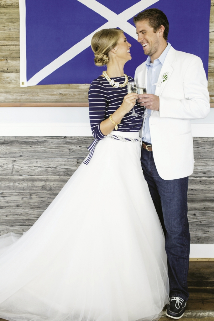 SUIT UP: A tulle skirt from Gown Boutique of Charleston made her top from Target wedding-worthy while a sports coat from Charleston Tuxedo dressed up his Levis.