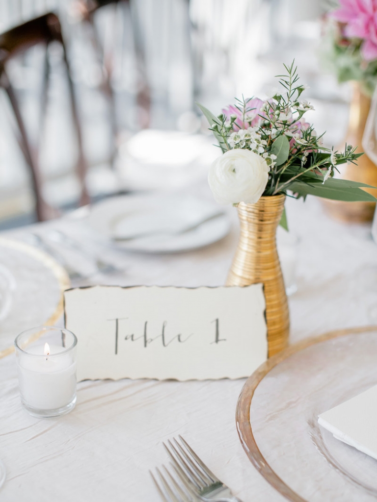 Place cards by Fancy Creative. Wedding design by Ooh! Events. Photograph by Brandon Lata at the William Aiken House.