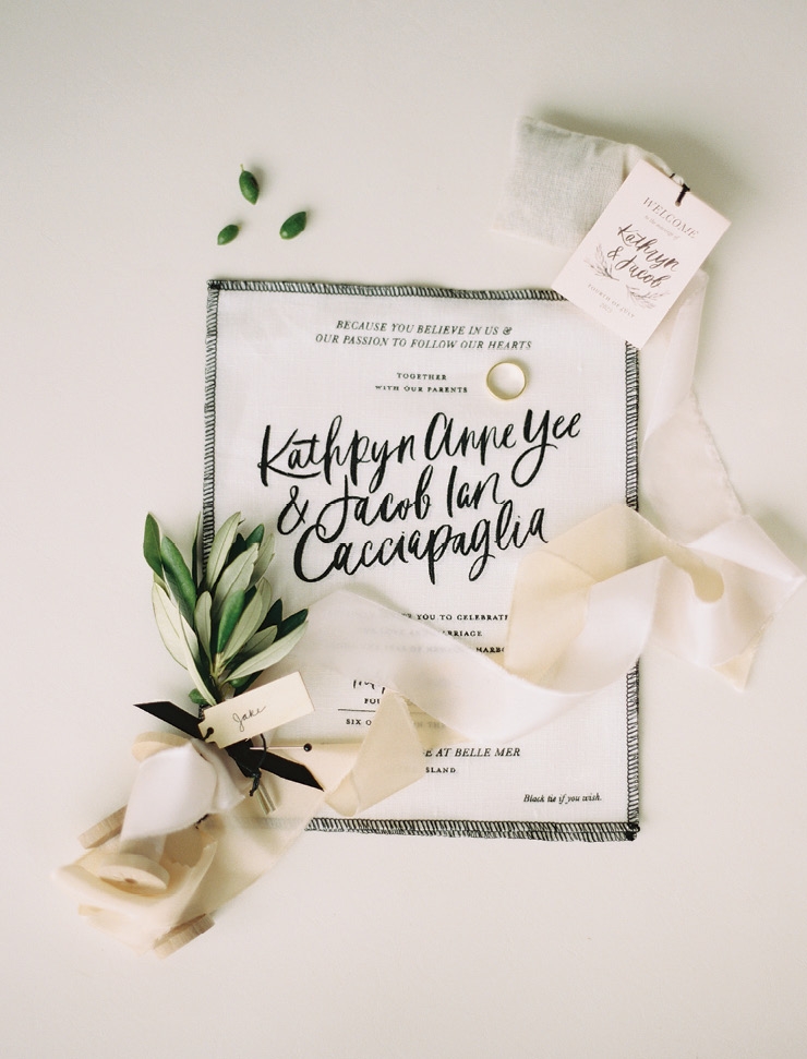 Trend: Unique Materials //  Linen Invitation &amp; Design: The Everyday Co. //  Calligraphy: Chelsea Petaja //  Image: Brumley &amp; Wells