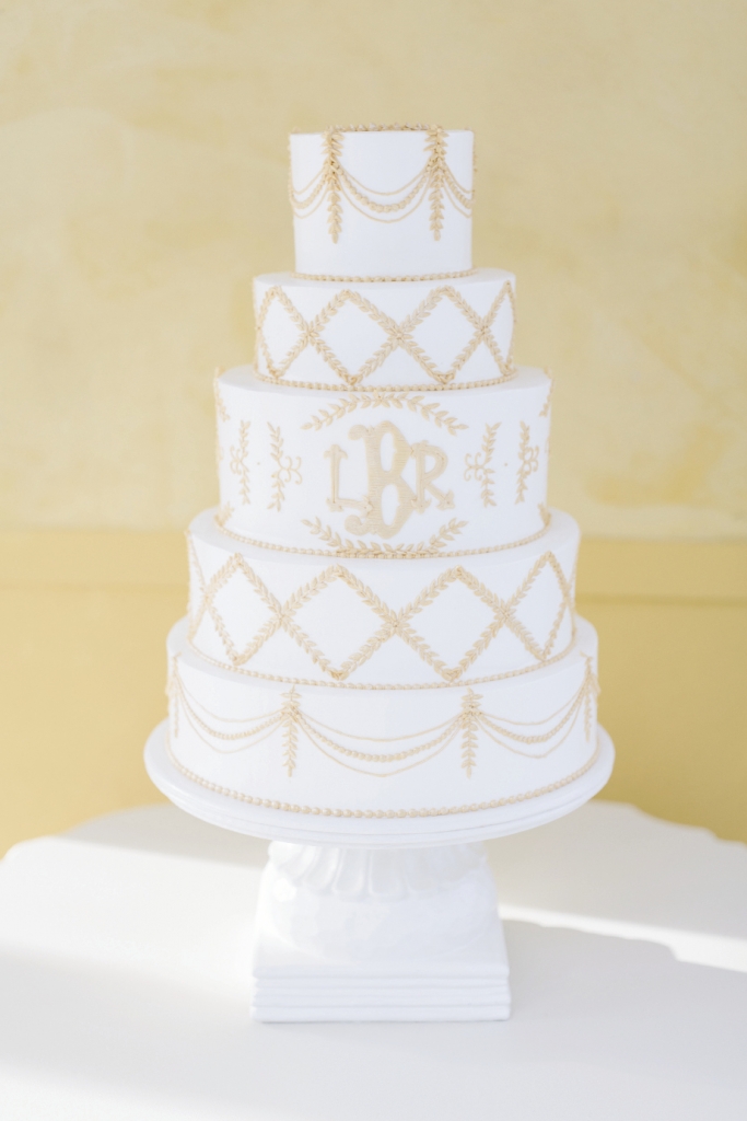 Wedding Cakes by Jim Smeal pulled inspiration from the garlands and monogram to fashion an immaculate butter cream covered cake.  Cake by Patrick Properties Hospitality Group. Image by Elisabeth Millay Photography.
