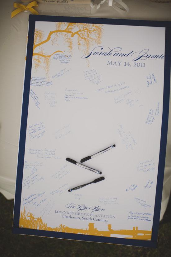 LEAVE A NOTE: This poster-sized foam board made by Studio R and covered in guests’ “congrats” is now framed in the couple’s house as a wedding memory.