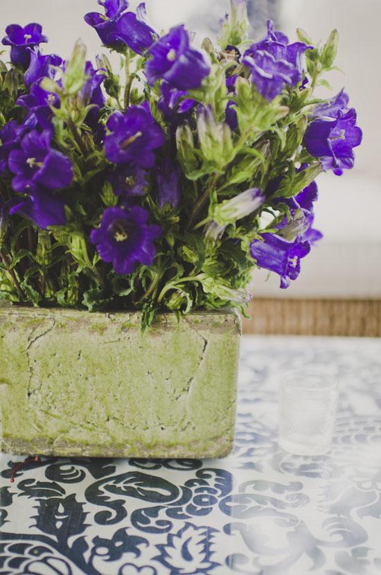 IN BLOOM: Canterbury bells potted in artfully cracked, organic-looking containers retained their natural beauty and added to the romantic backyard feel.
