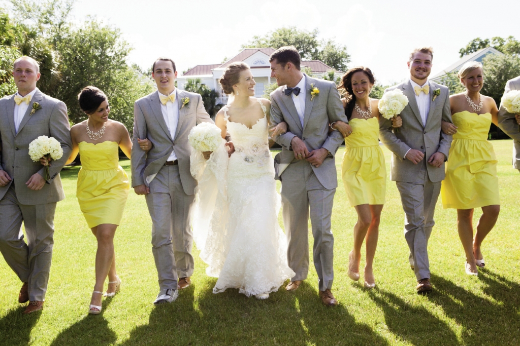 POPS OF COLOR: The bride wore Enzoani; her bridesmaids donned J.Crew.