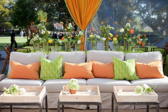 PALETTE PIZAZZ: “I knew there would be beautiful taupe and green tones in the setting…but I wanted to add some excitement,” says Tyler. “Orange has always been one of my favorite colors and I thought it would really add a punch to the party!”