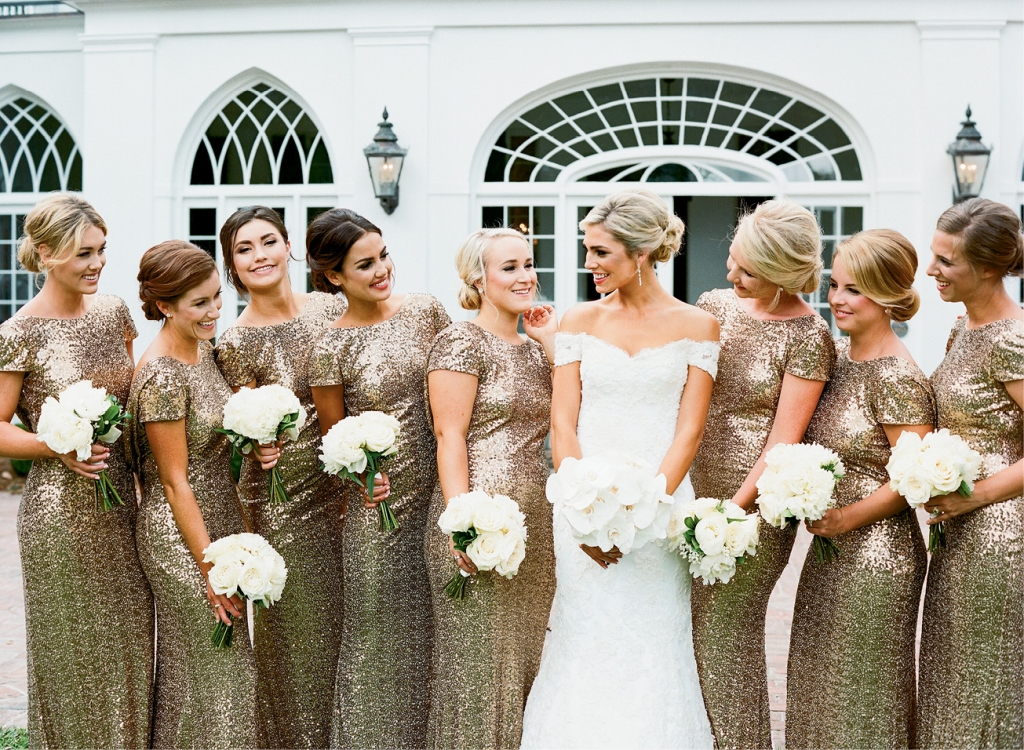 Sequined cowl-back dresses put the “party” into wedding party photos.  &lt;i&gt;Photograph by Gayle Brooker&lt;/i&gt;