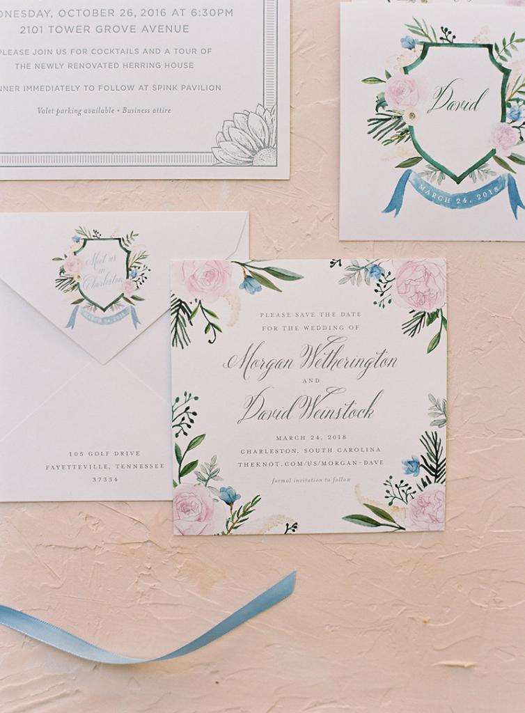 The couple commissioned a watercolored crest from Cheree Berry Paper, which became the guidepost for much of the wedding, from the invitations to its colorful palette and more.