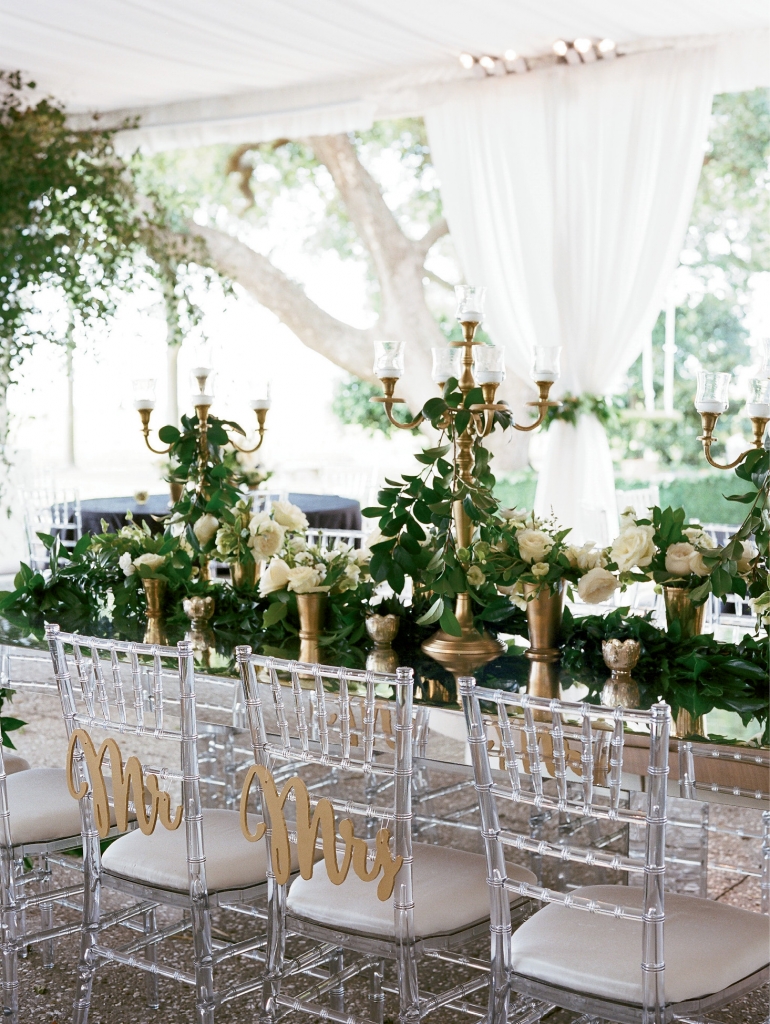 Crystal chandeliers, ghost chiavari chairs, candle-lit mirrored tables, and lush garlands, white orchids and roses made for an opulent, yet intimate dining experience.   &lt;i&gt;Photograph by Gayle Brooker&lt;/i&gt;