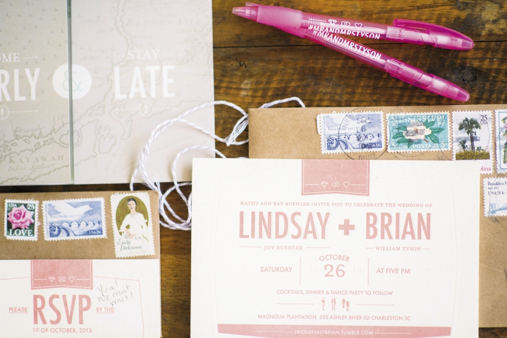 PAPER BOY: Brian, an art  director at a marketing company, took the lead on everything from save-the-dates to escort cards, favors, and thank-you notes. For her part, Lindsay tracked down scores of vintage stamps from NewEgg.com.