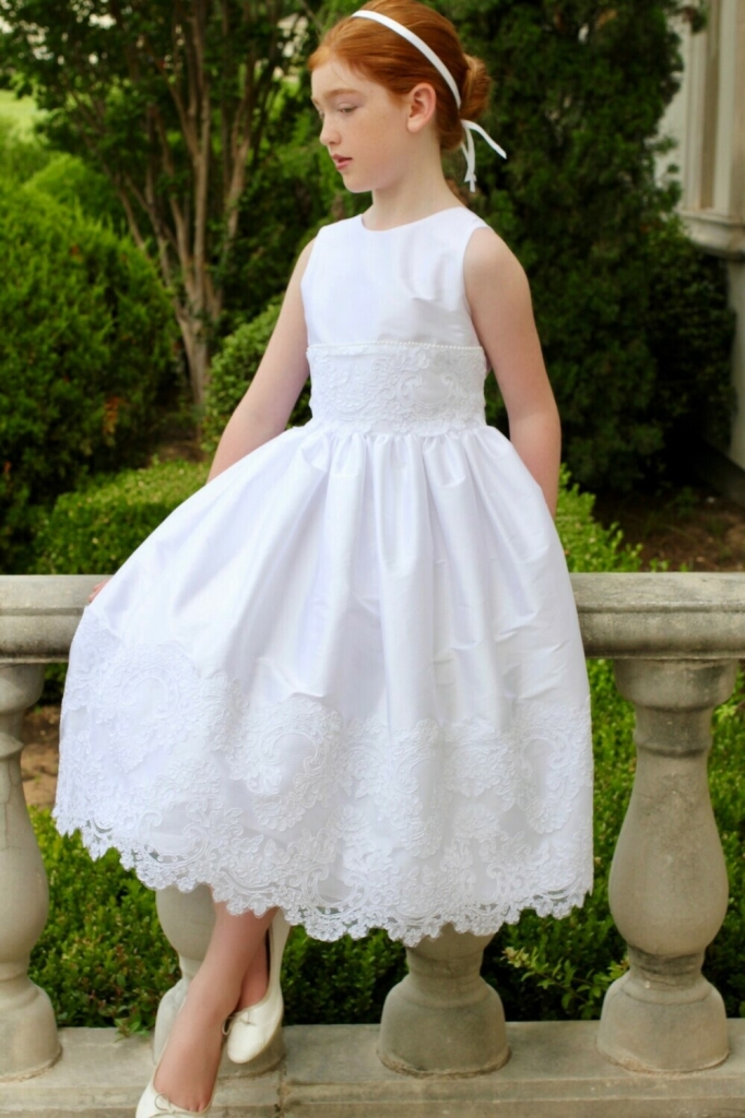 Delicate Details - Susanne Lively white taffeta dress with lace on the hem and waist, $187 at Southern Belles