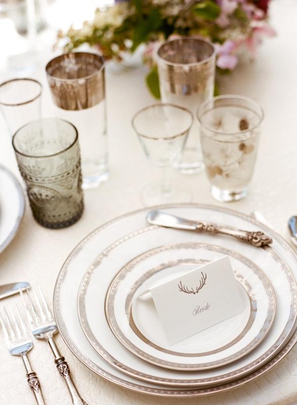 Florals by Out of the Garden. Place settings and crystal from Polished. Place card by Ancesserie. Photograph by Marni Rothschild Pictures.