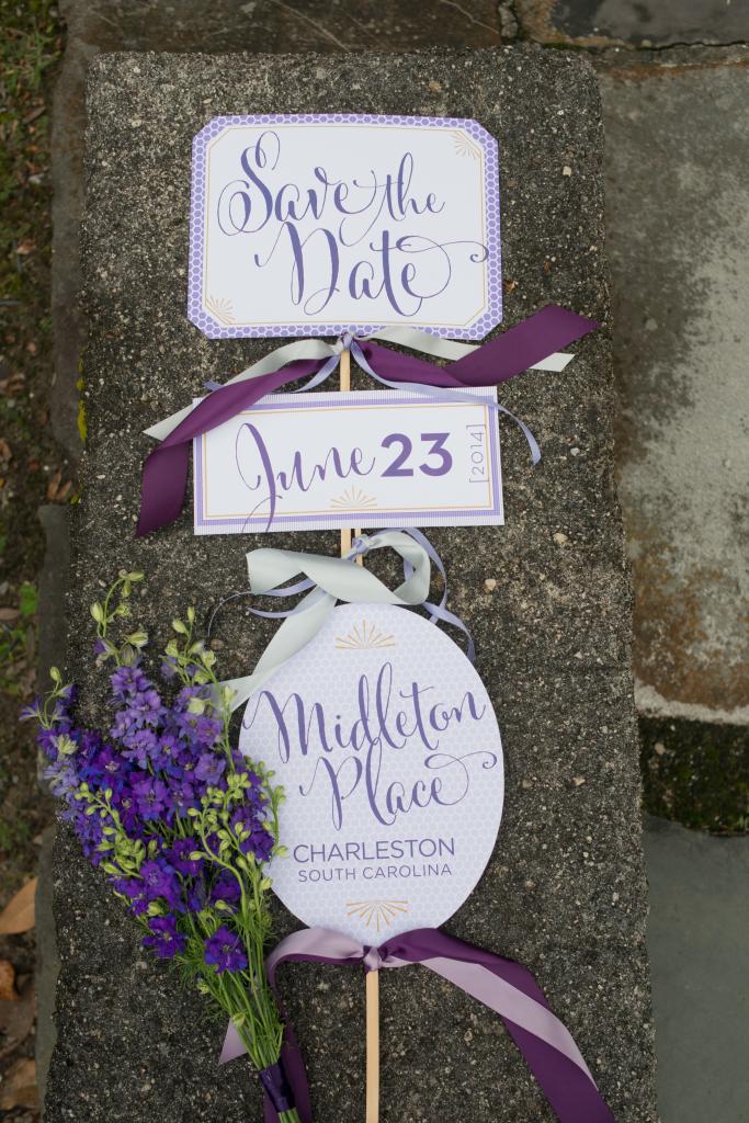 Signage by Studio R. Flowers by Tiger Lily Weddings. Photograph by Leigh Webber at Middleton Place.