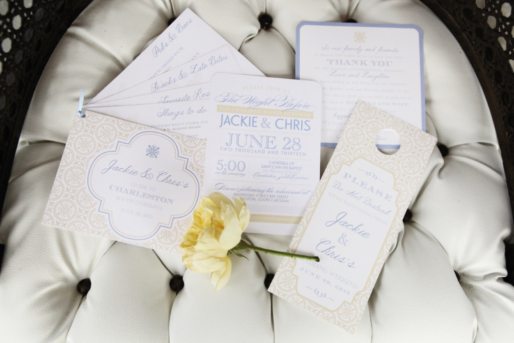 INSPIRED DESIGN: Sarah Reed of Dodeline Design created a 10-piece suite of paper goods for Jackie Kershis and Chris Morse, including this guide, rehearsal dinner invitation, thank you, and “hangover” door tag.