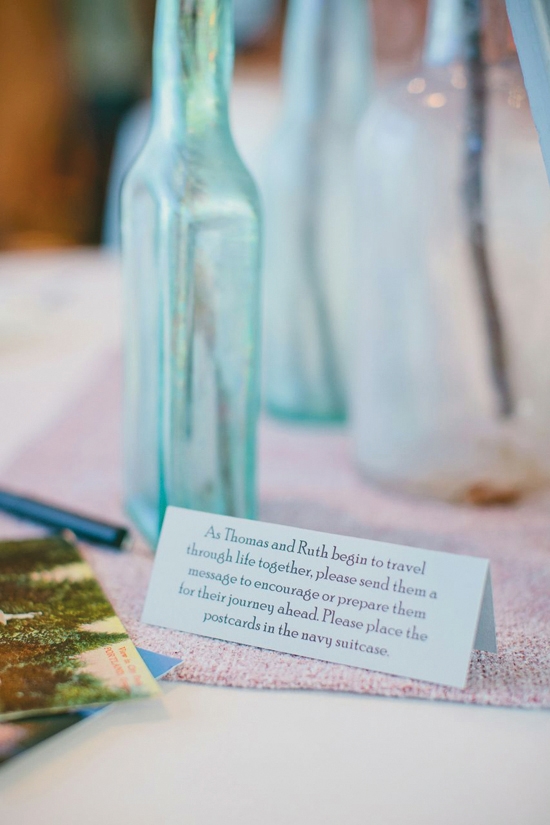 SIGNED WITH LOVE: Adding to the travel inspired décor, notes on the reception tables instructed guests to take a postcard and write words of love and advice for the newlyweds.