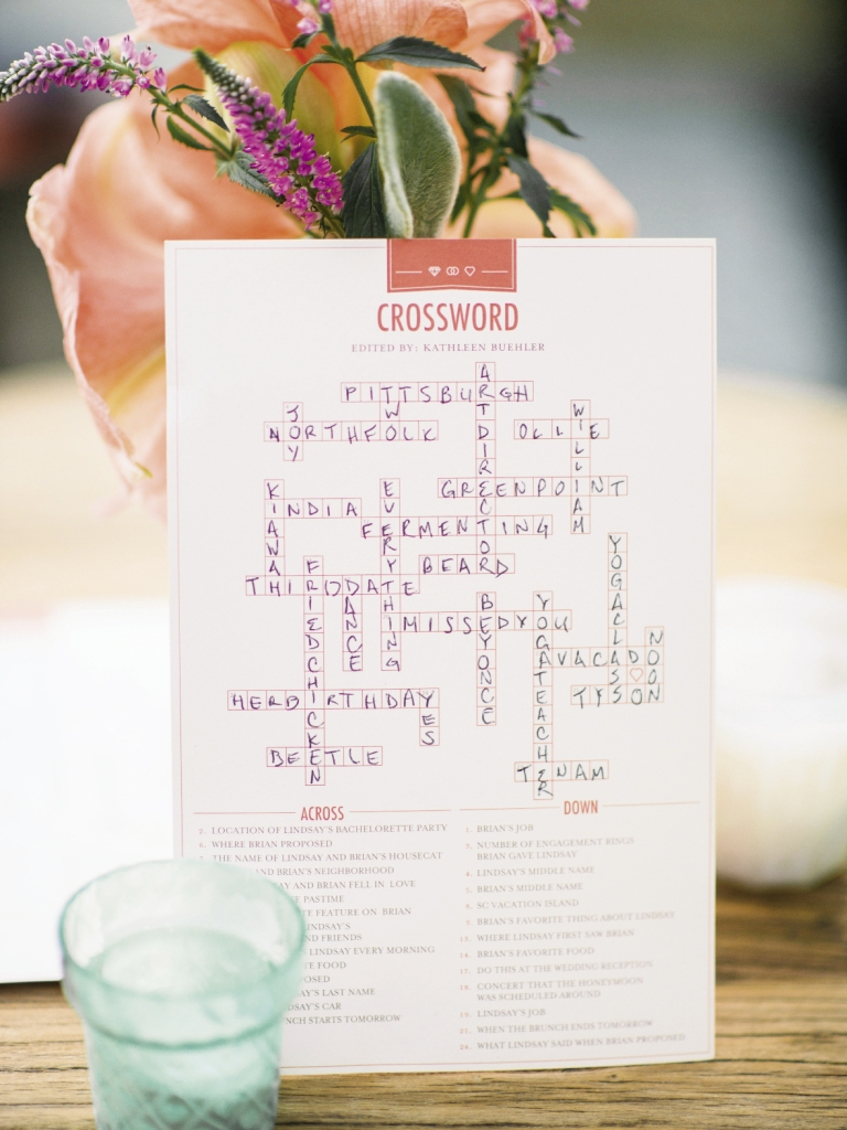 RIDDLE ME THIS: Maid of honor Kathleen wrote the clues for a Lindsay-and-Brian-themed crossword puzzle for guests to play during the reception.