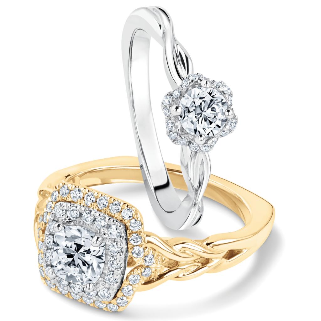 (Top) The Kleinfeld Fine Jewelry Whitehall ring in 14K white gold with diamonds (.50 total cts.) from REEDS Jewelers ($2,000); (Bottom) Kleinfeld Fine Jewelry Essex ring in 14K gold with a cushion-cut center diamond framed by a double halo of round diamonds (1 total cts.) from REEDS Jewelers ($4,900)