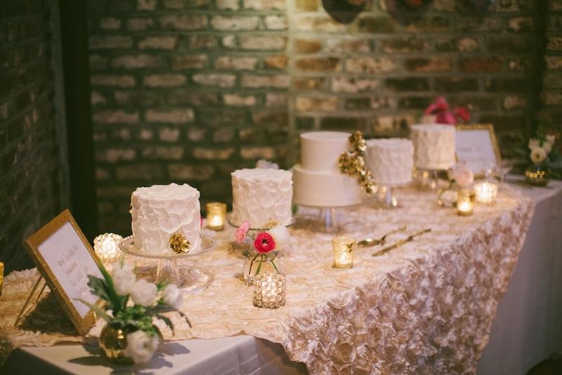 Cakes by D’lish. Wedding design and coordination by Sage Innovations. Linens by Connie Duglin. Florals by Branch Design Studio. Image by Juliet Elizabeth Photography.