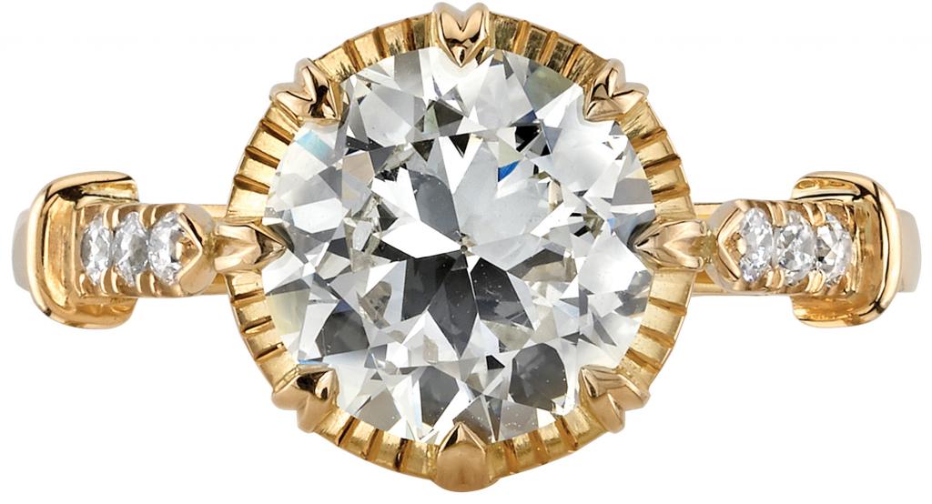 Single Stone Arielle ring from Croghan’s Jewel Box, featuring a 2.11ct. Old Europeancut center diamond with side diamonds (.11 total cts.) in 18K yellow gold ($17,800)