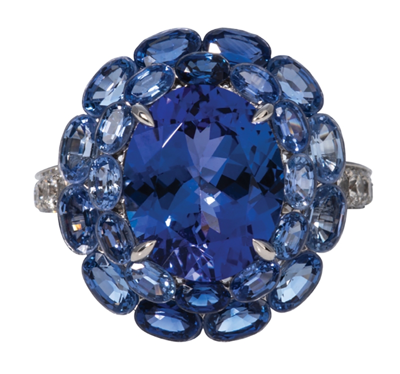 4.69-carat oval sapphire and tanzanite cluster diamond ring in 18K gold ($8,975) from Croghan’s Jewel Box