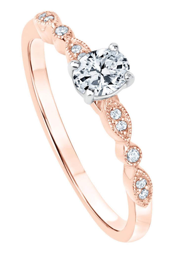 1/3 ct. center oval diamond with diamond accents (3/8 total cts.) set in 14K rose gold from REEDS Jewelers ($1,599)