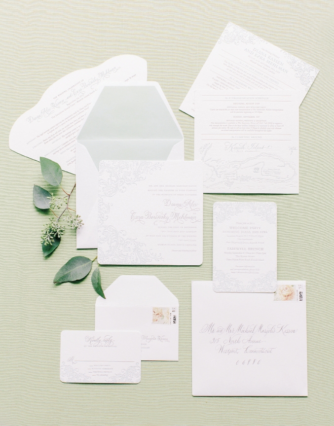 WHAT’S IN STORE: Letterpress stationery from the  Lettered Olive bore sage green designs that previewed the understated day-of palette.