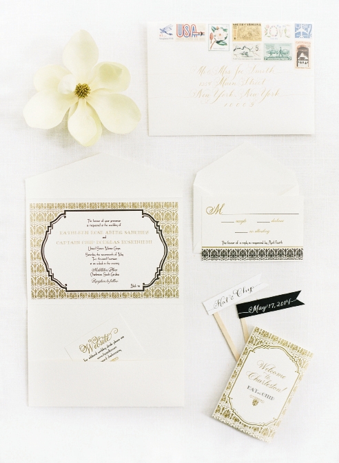 FLY AWAY: Karson Butler Events adorned envelopes with vintage stamps related to aviation and the couple’s home states of California and Minnesota. Calligrapher Laura Hooper added the final flourishes.