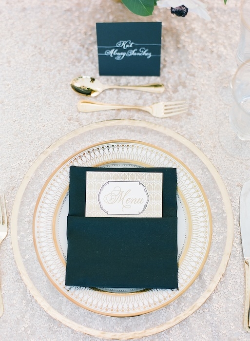Menu by The Dandelion Patch. Linens from La Tavola. Place cards by Laura Hooper Calligraphy. Image by KT Merry Photography.
