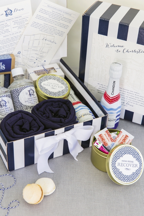 TREASURE CHEST: Blue-and-white welcome boxes were stocked with an itinerary, “recovery kit,” and water bottles customized by Lettered Olive.