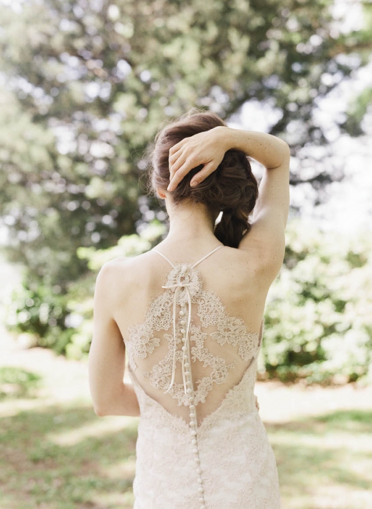 Modern Trousseau’s “Alice” French  Alençon blush lace  gown with halter  back from Modern Trousseau Charleston.