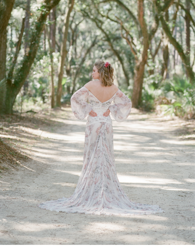 Rue de Seine’s printed crinkle silk “Nahla” gown with ribbon details from Lovely Bride. Rose gold and morganite ring from Gold Creations.