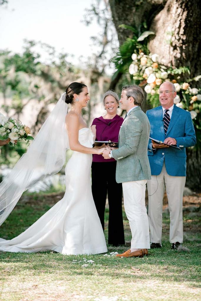 The groom’s aunt and uncle, Robert and Laura Cowin, officiated. “They’re very soulful people with an amazing marriage,” says bride Lucy of the choice, “and they’re an inspiration to us as a model of meeting life’s challenges as a united front.”