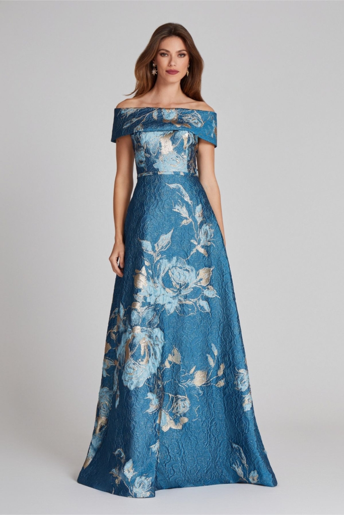 Ethereal Metallic - Rickie Freeman for Teri Jon floral jacquard off-the-shoulder gown in “Peacock Gold,” $880 at Bella Bridesmaids