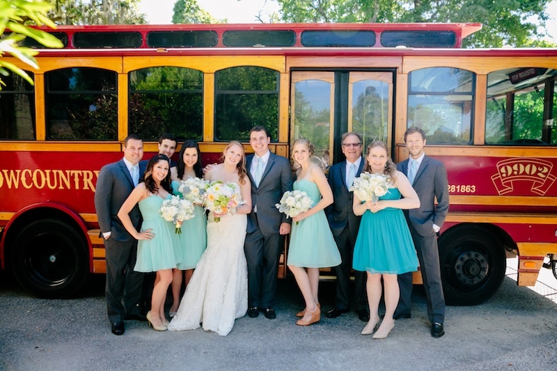 Transportation by Lowcountry Loop Trolley. Florals by Branch Design Studio. Image by Dana Cubbage Weddings.