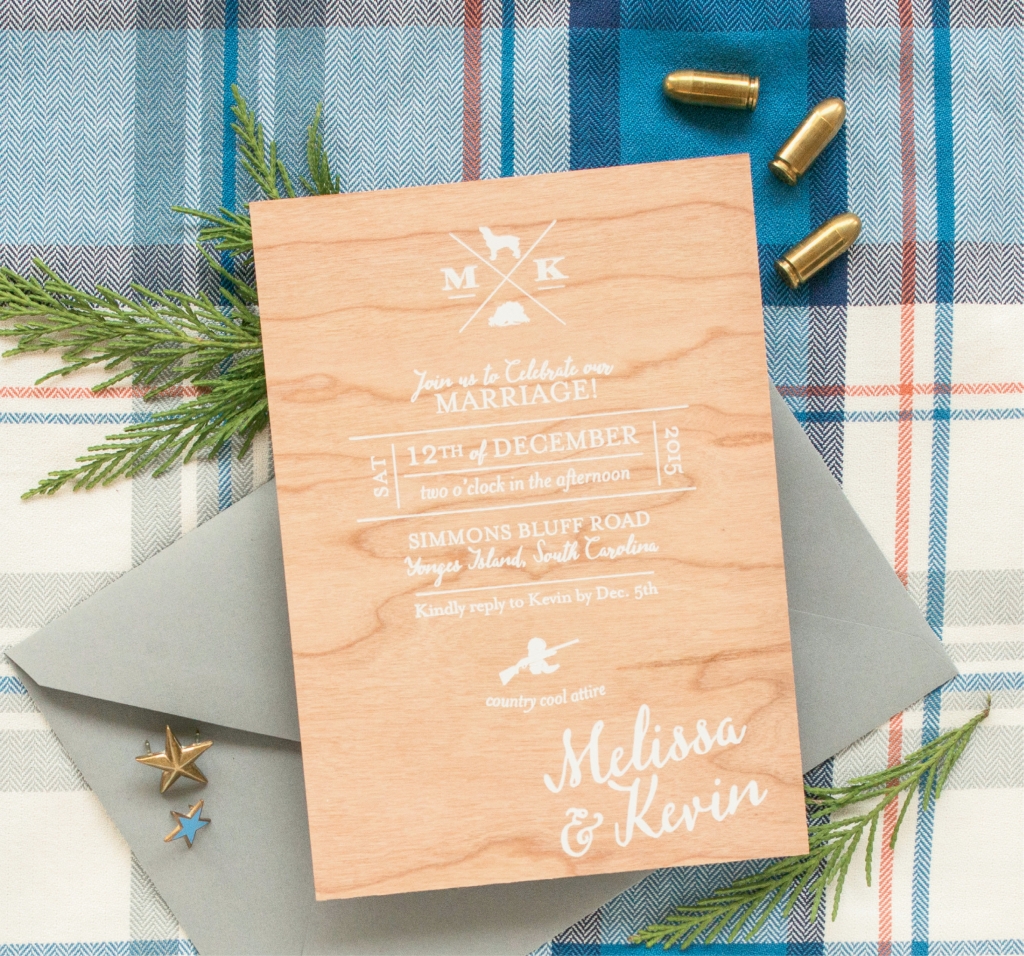 A Charleston Bride’s Melissa  Barton and her husband, Kevin  Williams, let guests know their reception was going to be casual with the wording on their invitation (“country cool attire”) and icons (cowboy boots, plus a shotgun, live oak, and Boykin). (Photograph by Leigh Webber)