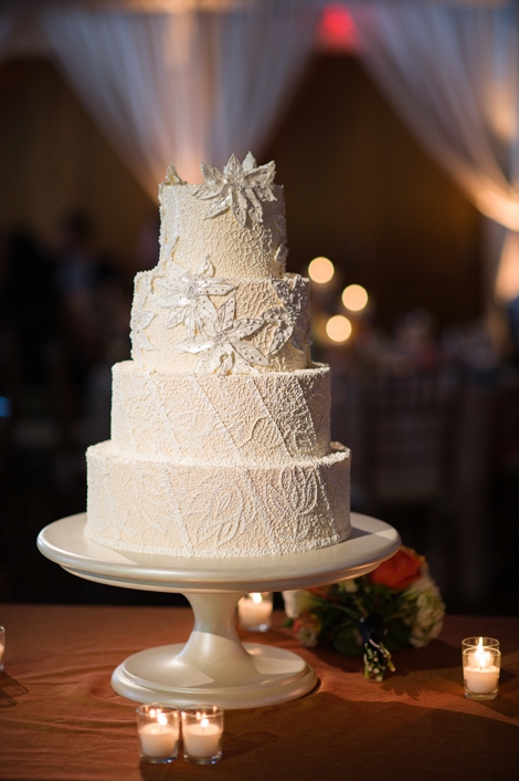 COPY CAKE: Jim Smeal replicated the intricate lace detail from the corset of Linda&#039;s gown onto the towering confection, which alternated between amaretto- and lemon-coconut-flavored cake tiers.