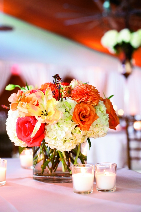 FLOWER POWER: Sara York Grimshaw Designs filled arrangements with hydrangeas, protea, tulips, dahlias, and orchids.