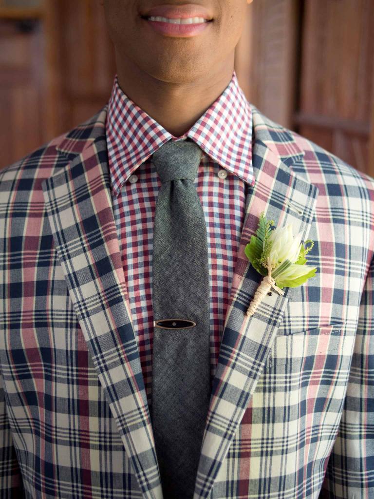 MAD FOR PLAID: Fitzgerald-fit madras sports coat from Brooks  Brothers. Canali’s plaid oxford from Gwynn’s of Mt. Pleasant. The Hill-side’s tie from Indigo and Cotton.Vintage tie clip from Billy Reid. Boutonniere from Ooh! Events.