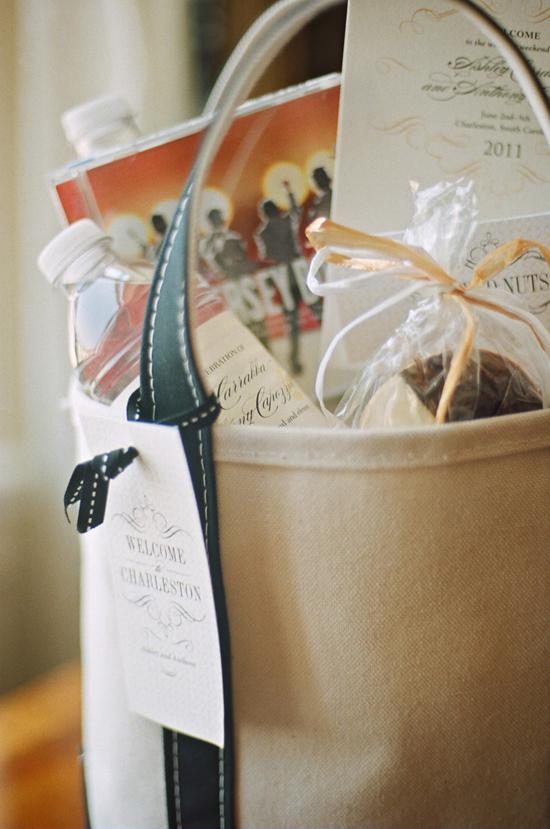 IT’S IN THE BAG: On arriving to Charleston, the couple’s 125 guests were greeted with a canvas of goodies including a CD of the Jersey Boys soundtrack, two personalized water bottles, sweets, and paper pretties from the Lettered Olive.