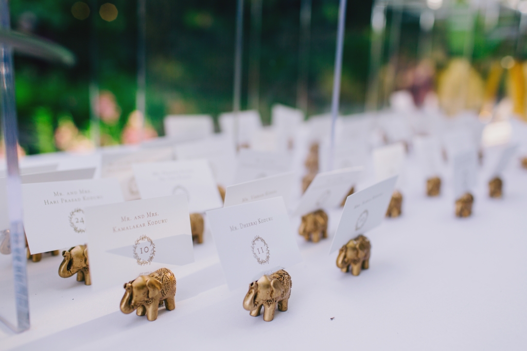 Planner Luke Wilson incorporated nods to Indian culture throughout décor, like these miniature elephants that held escort cards. &lt;i&gt;Photograph by Hyer Images&lt;/i&gt;