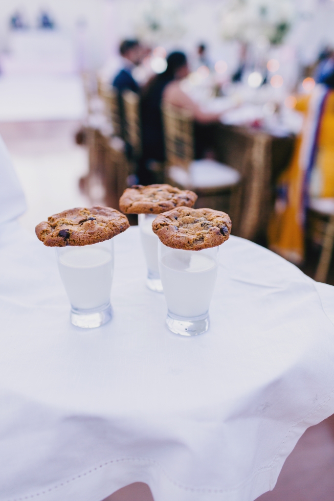 “Will and I are not dessert people,” says Manasa. “Instead of cutting a cake, we had a variety of Indian and American desserts in shooter sizes so people could try as many as they liked.” One such offering? Milk shots garnished with chocolate-chip cookies. &lt;i&gt;Photograph by Hyer Images&lt;/i&gt;