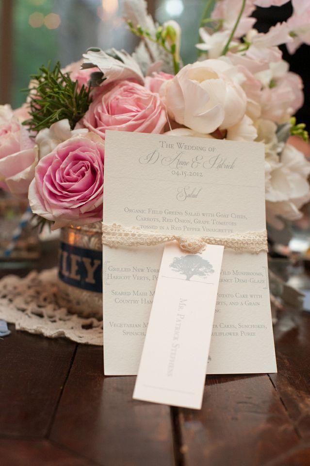 SOFT-SPOKEN: Dodeline design fashioned neutral-toned menus and escort cards with doily lace ribbon.