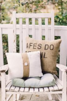 SEW NICE: Allison sewed pillows from burlap coffee-bean bags to soften the rustic furniture.